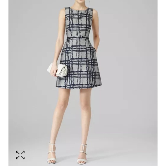 Reiss Peron Dress Fit And Flare Cocktail Mini Dress Sleeveless Pockets Navy Grey - Picture 16 of 16
